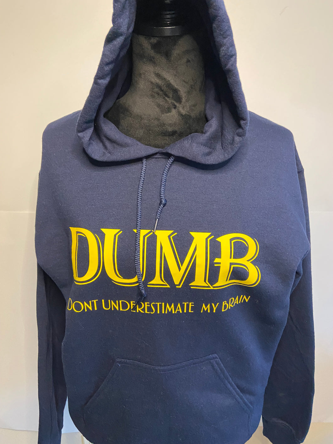 DUMB NAVY HOODIE- WITH MUSTARD LETTERS